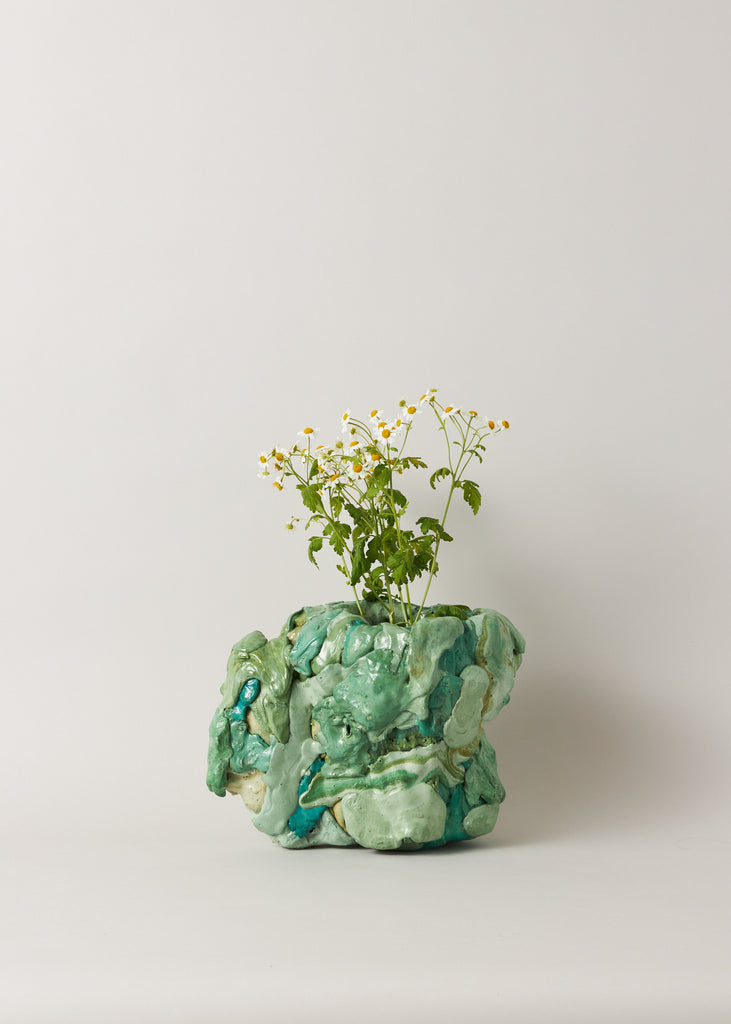 Saskia Huebner Green Vase Handmade Vessel Repurposed Materials Contemporary Artwork Sculpted Ceramic Vase Female Artistry Playful