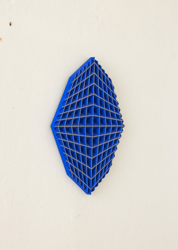 Arno Hoogland Grid Perspective Geometrical Artwork Sculptural Wall Art Handmade Art Wood Sculpture Klein Blue Contemporary Art Collectable