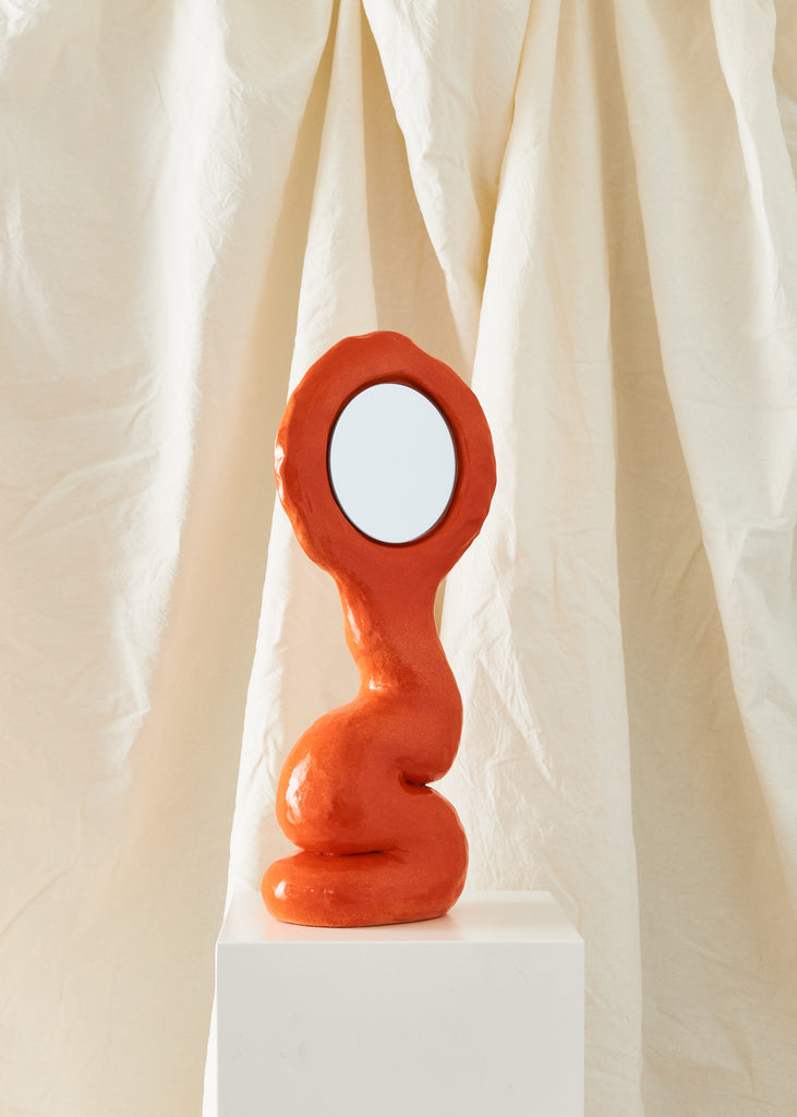 Fanny Ollas Handmade Mirror Orange Sculpture Original Artwork Exhibition Swedish Artist Ceramic Sculpture Pink Art Affordable Art Collectible Item Curated Art Figurative Sculpture Stoneware Clay Abstract Art Playful Artwork Handmade Home Decor