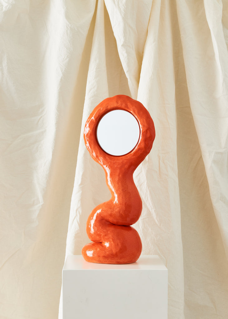 Fanny Ollas Handmade Mirror Orange Sculpture Original Artwork Exhibition Swedish Artist Ceramic Sculpture Pink Art Affordable Art Collectible Item Curated Art Figurative Sculpture Stoneware Clay Abstract Art Playful Artwork Handmade Home Decor