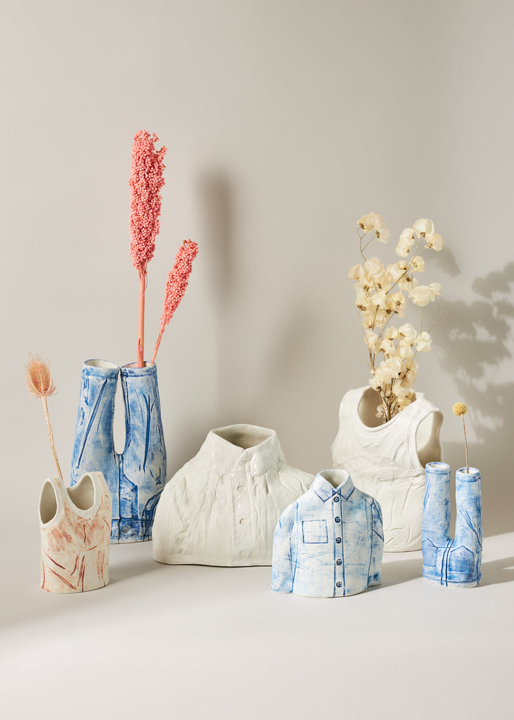 Julia Wallman Pressveck Ceramic Vase Figurative Sculpture Affordable Original Art Handmade Home Decor Eclectic Interior Clothes Sculptures