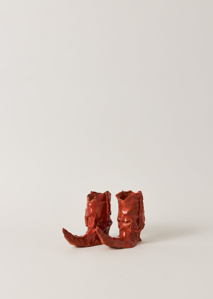 LA Walker Hot Legs Cowboy Boots Sculpture Red Figurative Artwork Ceramic Sculptures Shoes Western Art Contemporary Playful Detailed