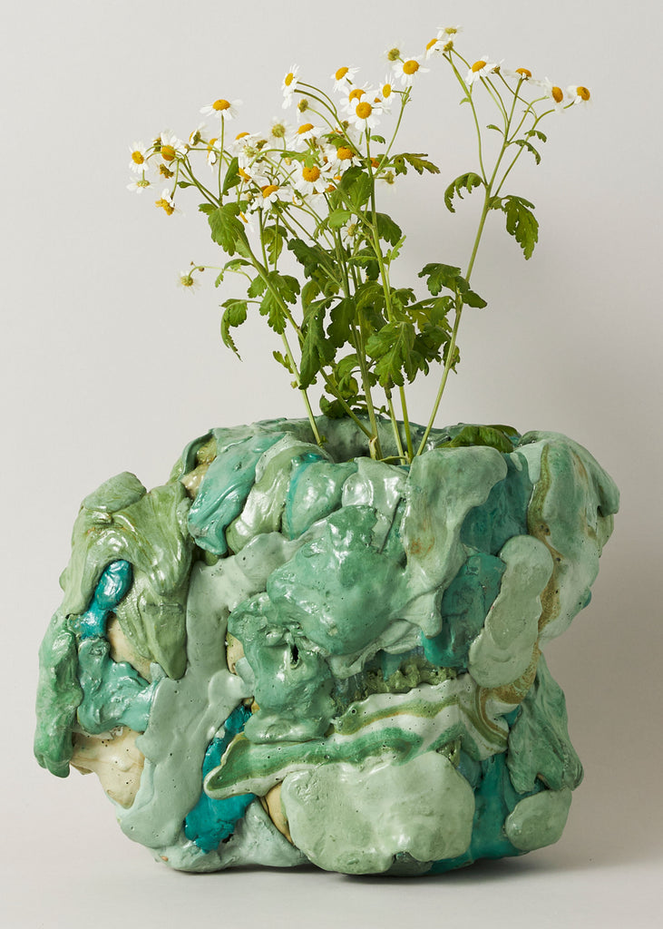 Saskia Huebner Green Vase Handmade Vessel Repurposed Materials Contemporary Artwork Sculpted Ceramic Vase Female Artistry Playful Affordable Art