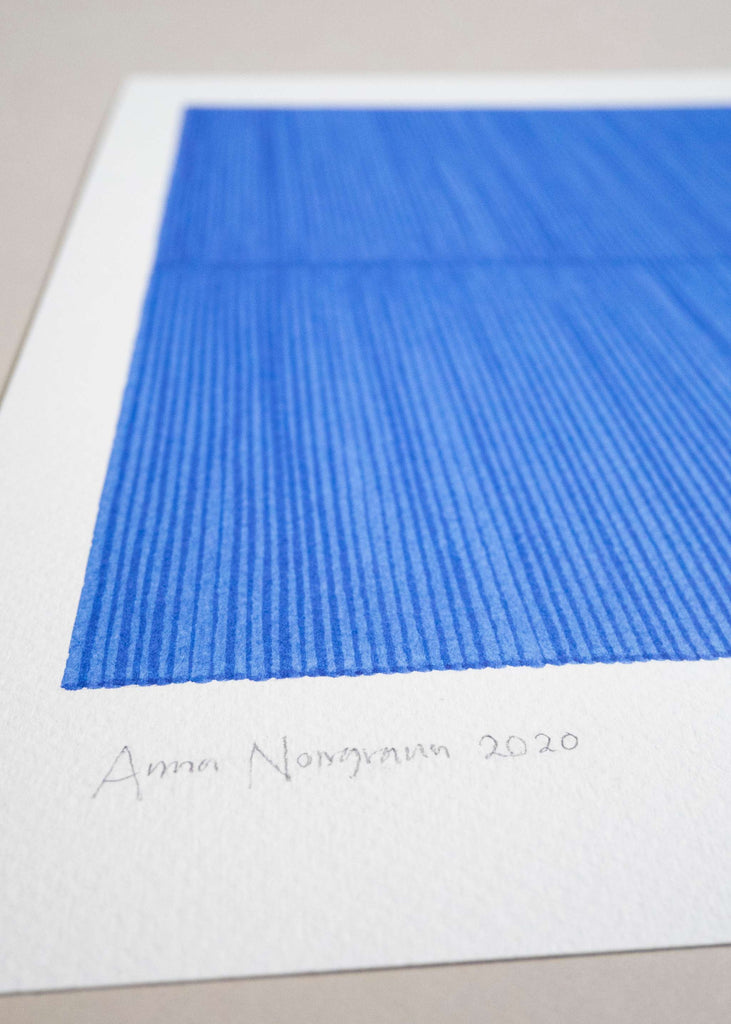 Close-up on signature of Anna Norrgrann "Rhythm" bright blue graphic drawing.