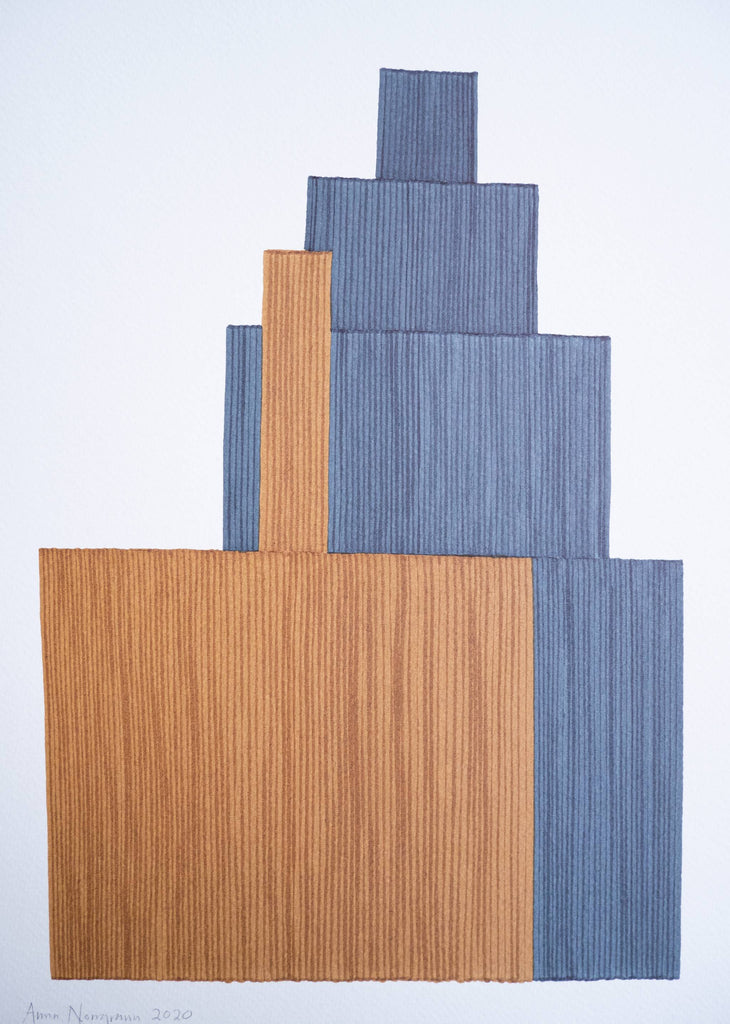 Close-up of Anna Norrgrann "Rhythm" light brown and pale blue graphic drawing.