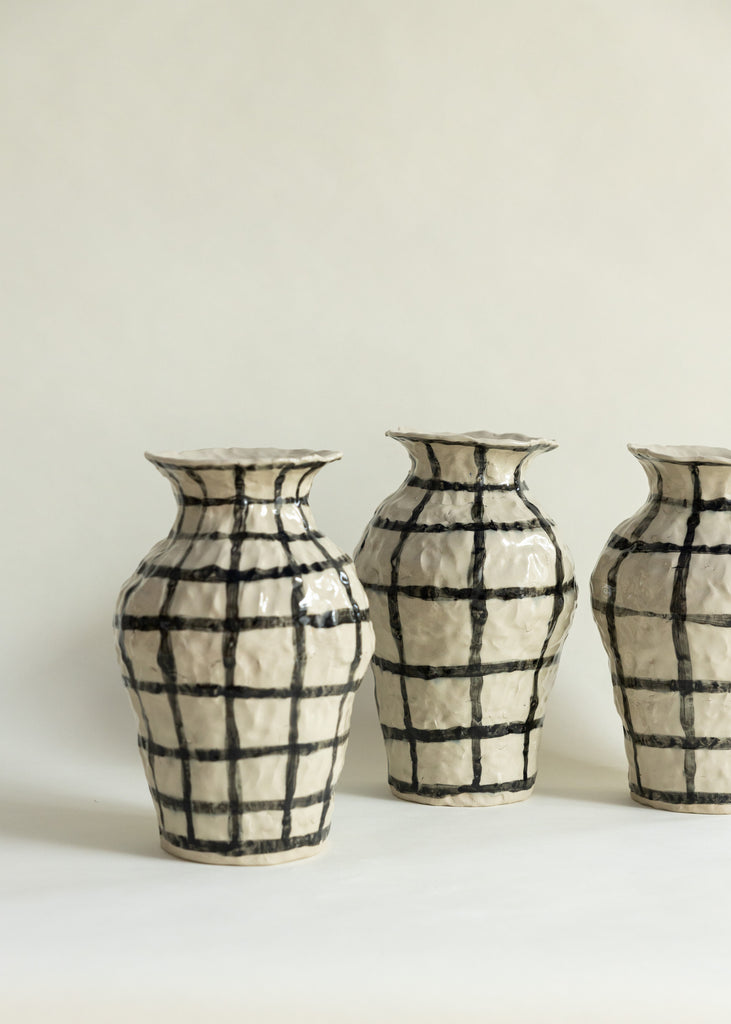 Caroline Harrius Checkered Vases Sculptures  Black Artwork Handmade Unique 