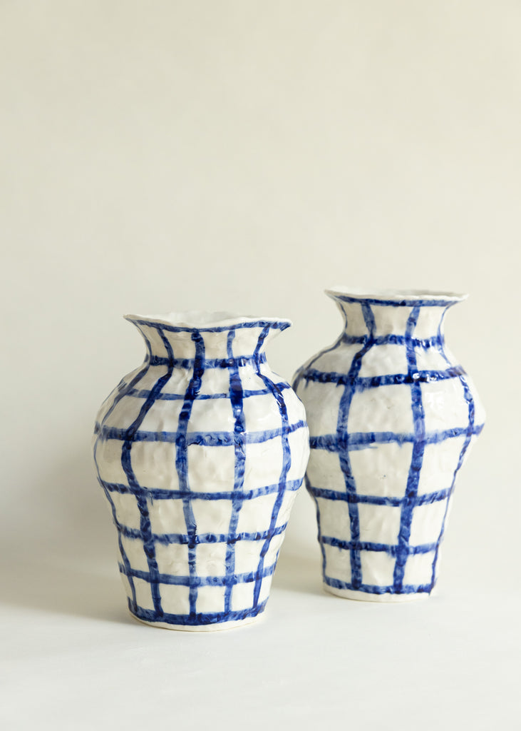 Caroline Harrius Checkered Vase Sculpture Handmade Porcelain Blue Unique 