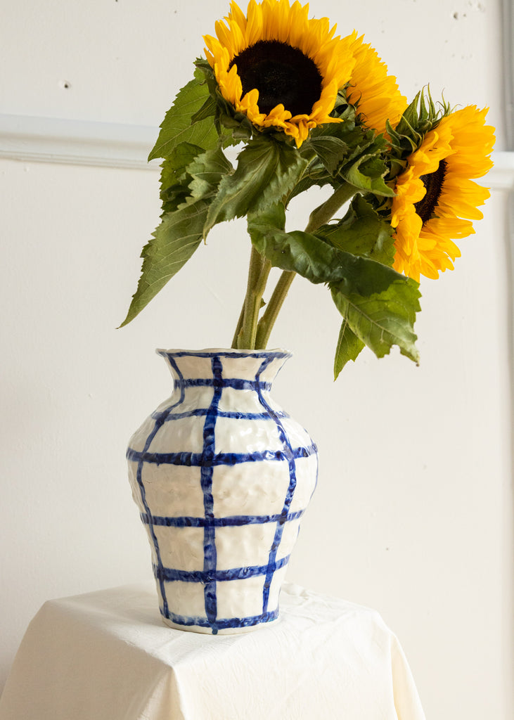 Caroline Harrius Checkered Vase Sculpture Handmade Porcelain Blue Ceramic Artwork Flowers 