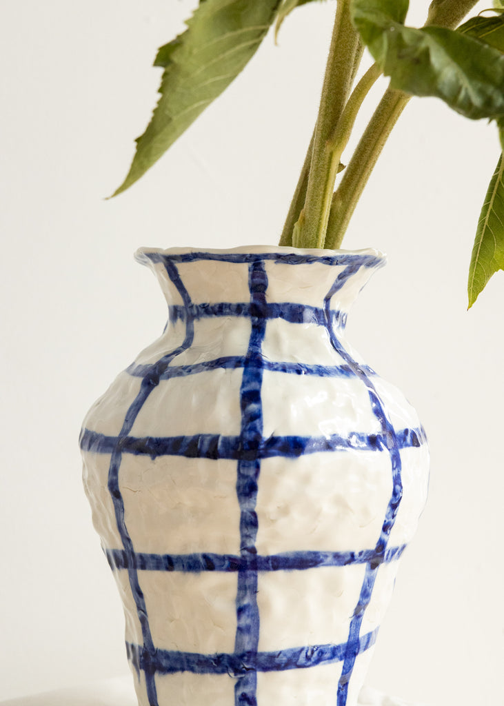Caroline Harrius Checkered Vase Unique Art Sculpture Handmade Porcelain Blue 