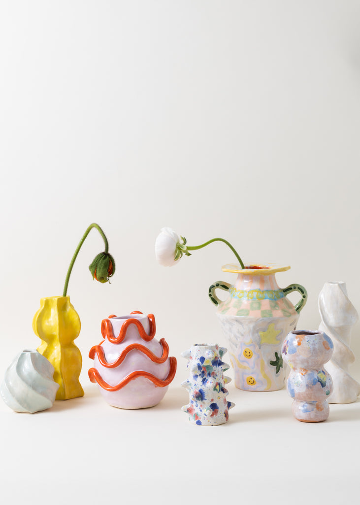Satoko Kako Playful Collection Handmade Vase Hand Painted Pastel Pink Blue Peach Ceramic Original Unique Sculpture
